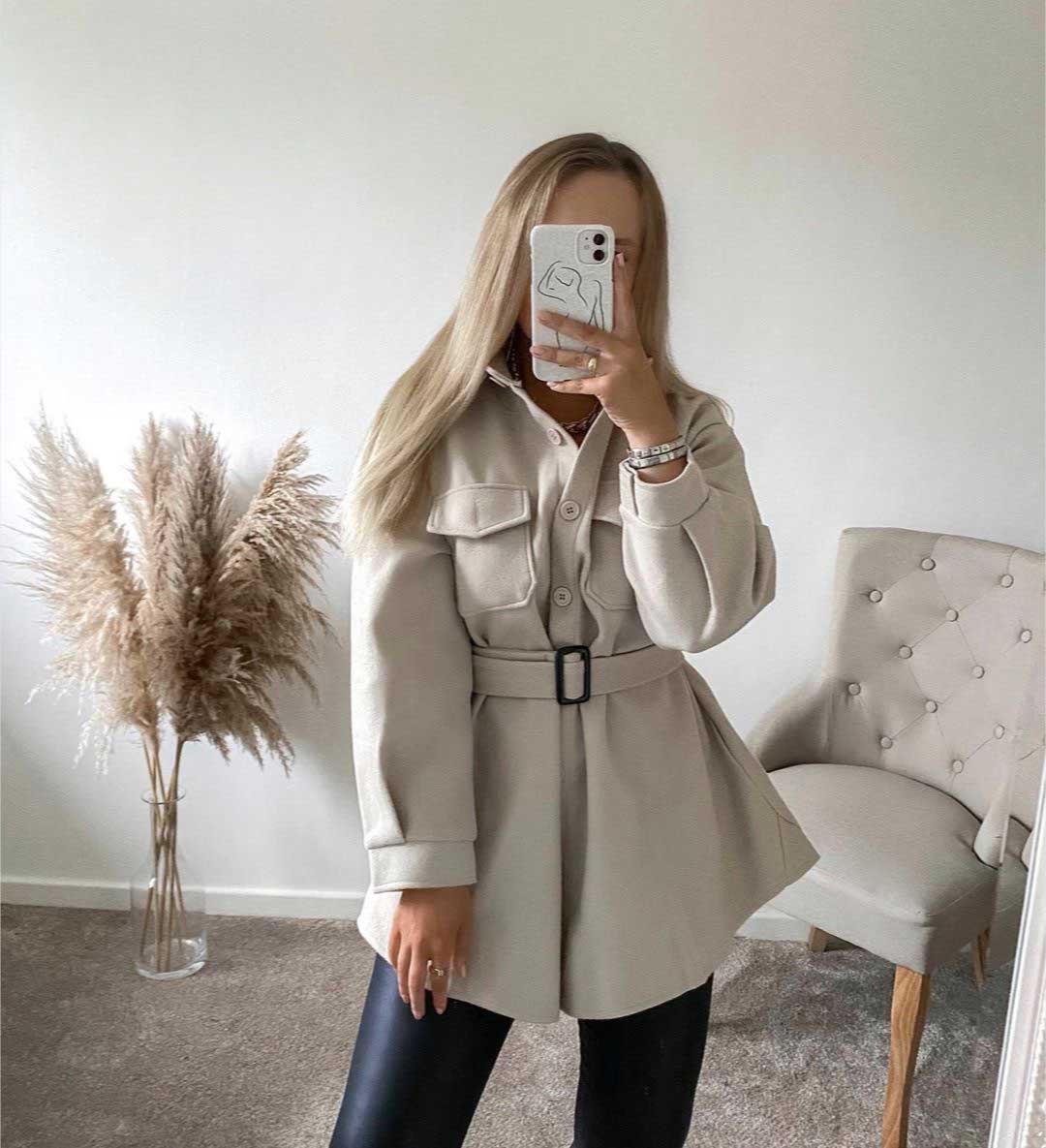 Brushed Belted Collared Pocketed Utility Shirt Dress Jacket Beige 2025 |  taylorseguridad.com.ar