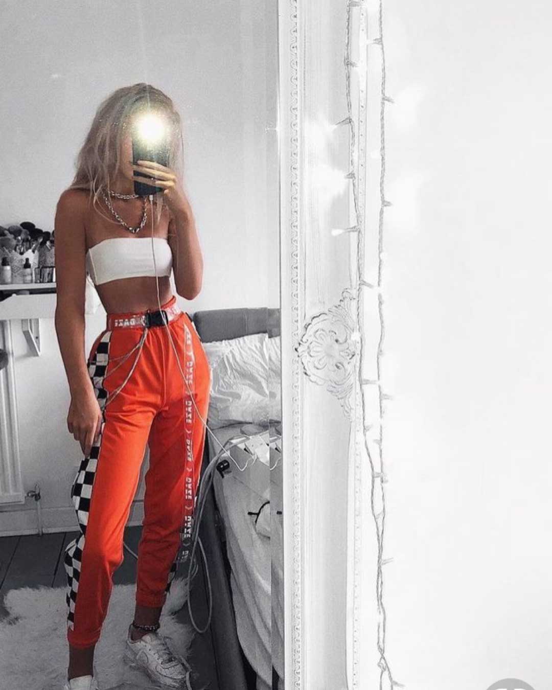 orange and checkered pants